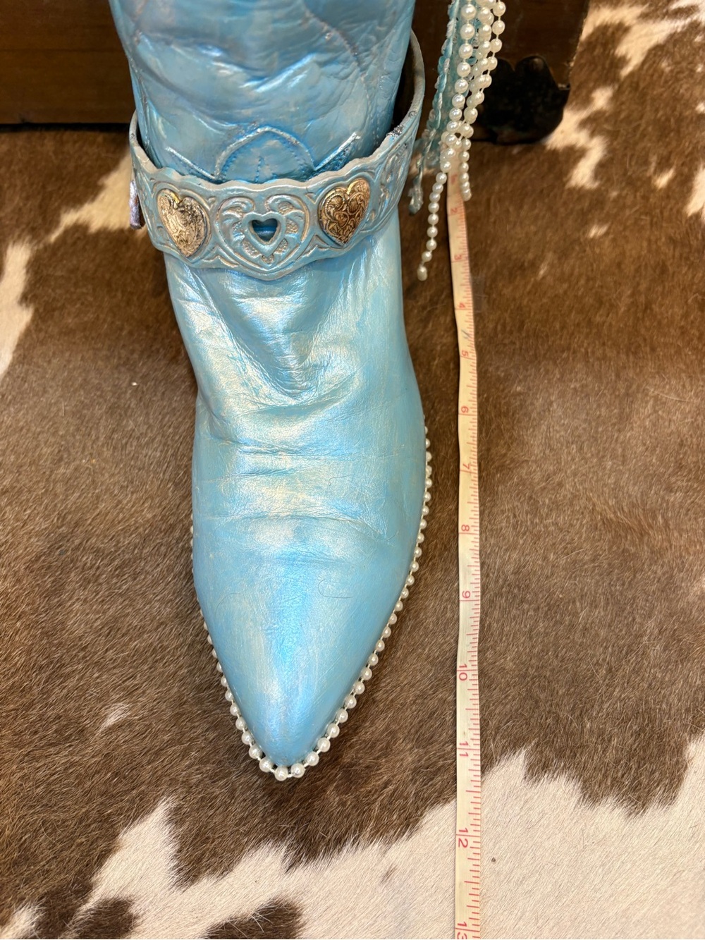 Handcrafted Tony Lama Metallic Light Blue Western Heart Accent Bridal Bling Boot - Picture 11 of 13